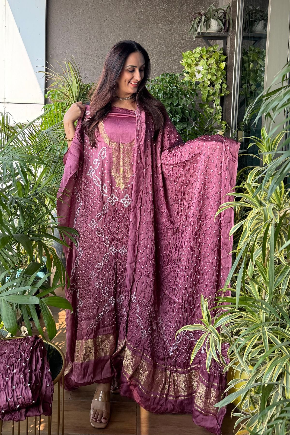 Pure modal silk full set with hand done bandhani and zari weaving!!