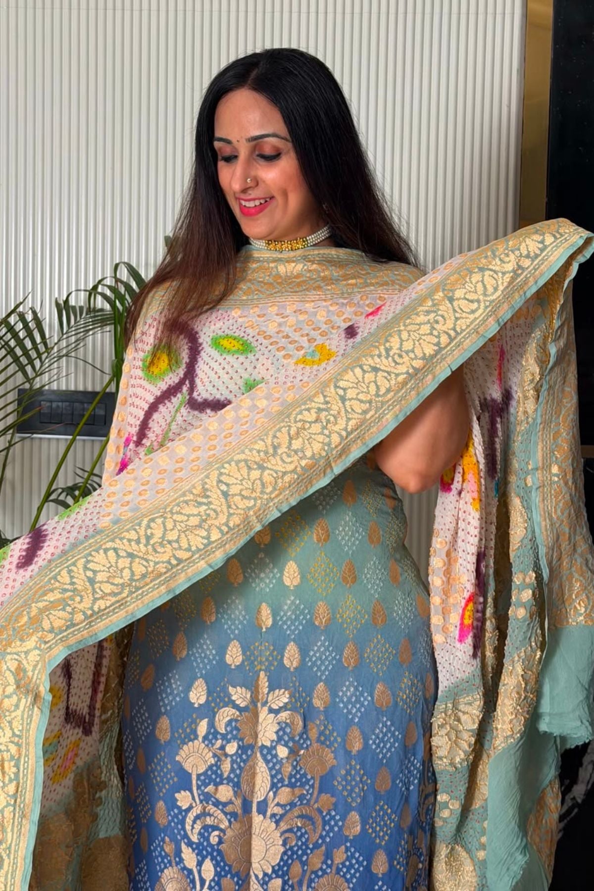 Banarasi khaddi georgette with red Bandhani full set!!!