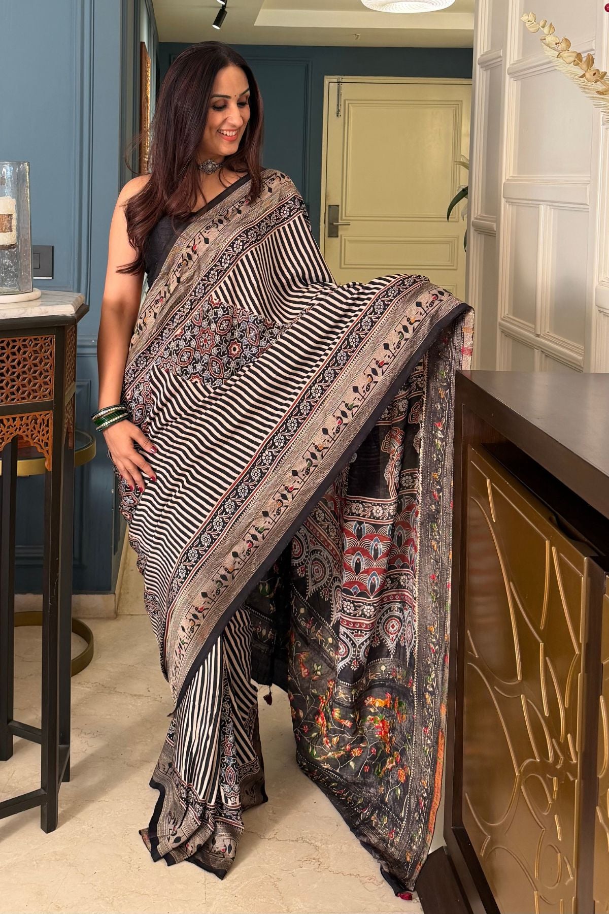 Handblocked Ajrakh with Paithani weave on pure modal saree!!