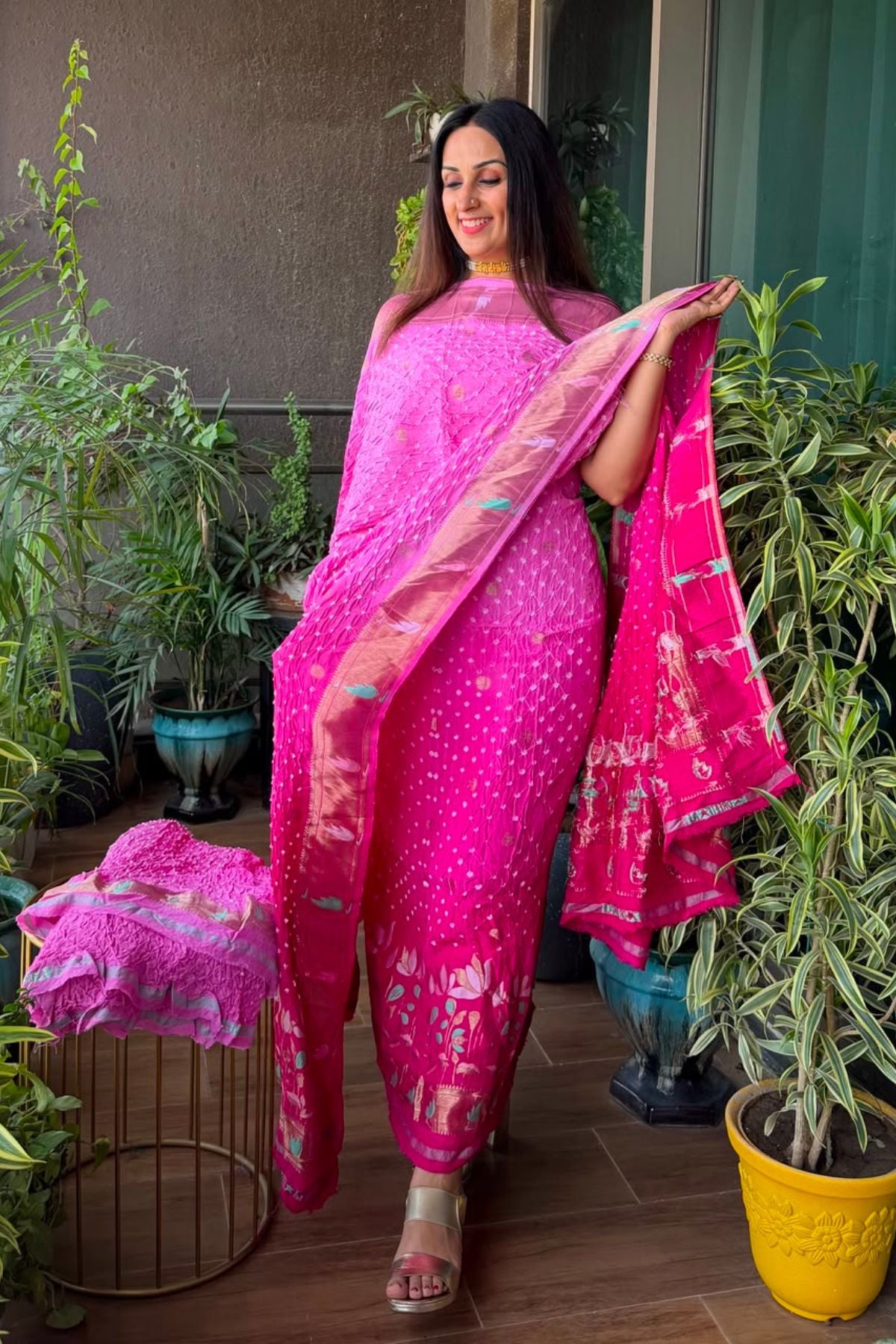 Pure gaji silk full set with hand done bandhani and zari weaving!!