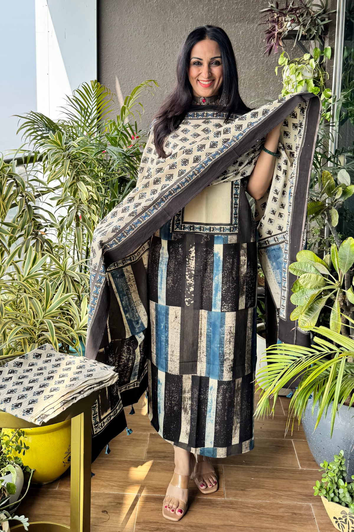 Striped suit with yoke