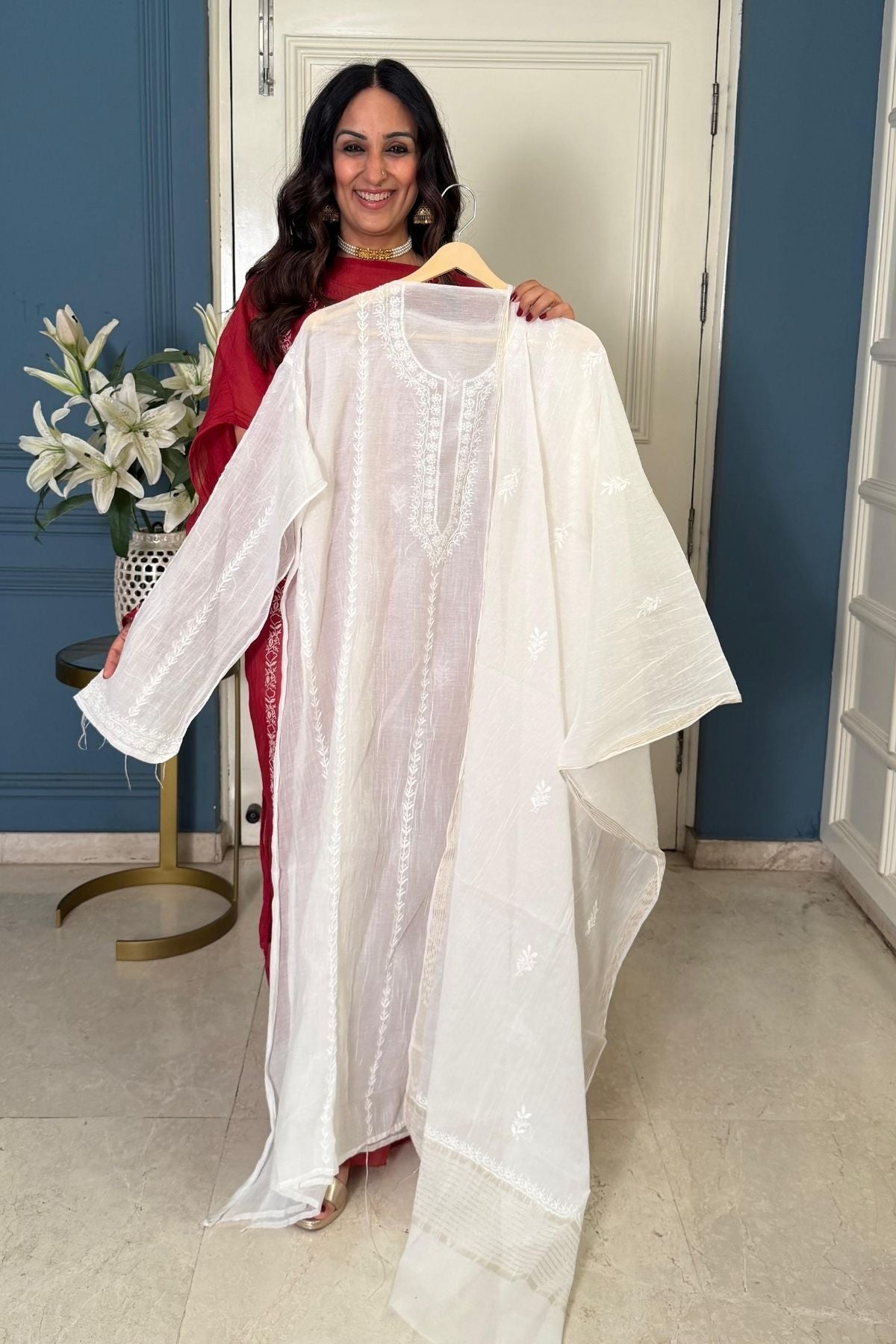 Pure Mul cotton semi stitched Chikankari kurta dupatta set!!!