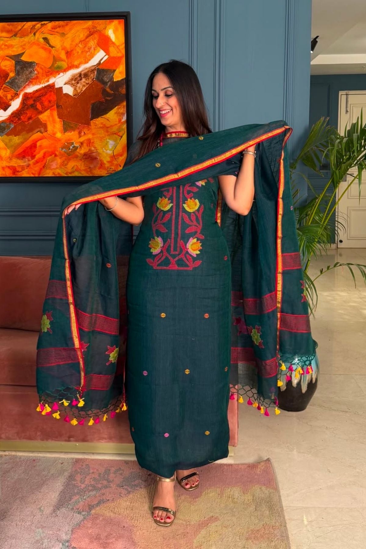 Jamdani weave kurta dupatta set on 100 count linen by linen!!
