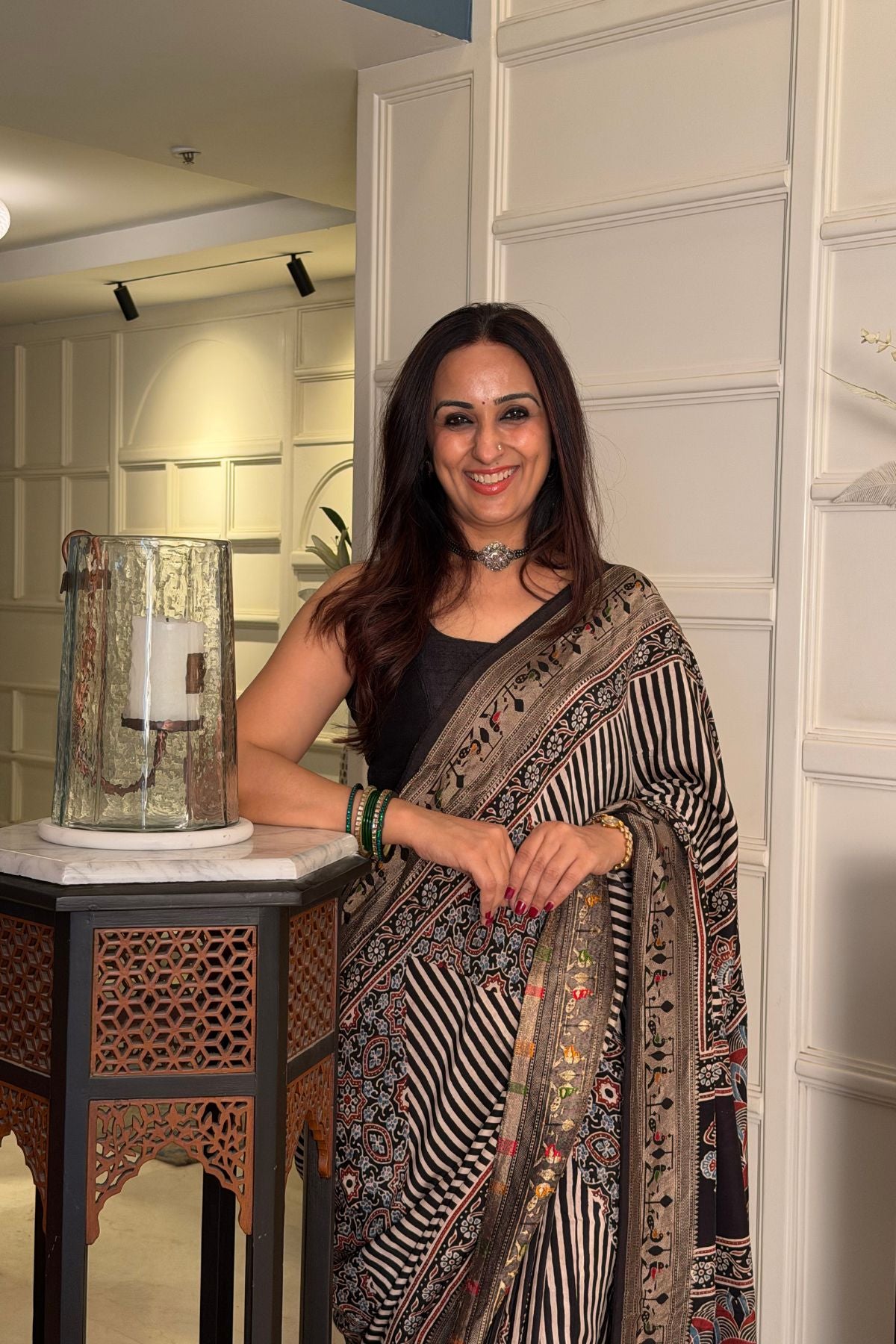 Handblocked Ajrakh with Paithani weave on pure modal saree!!