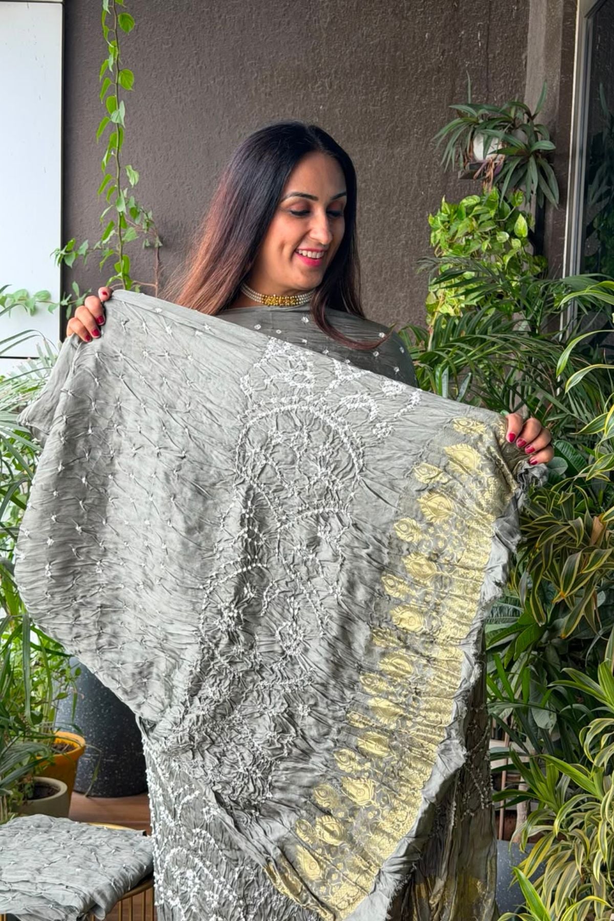 Pure modal silk full set with hand done bandhani and zari weaving!!