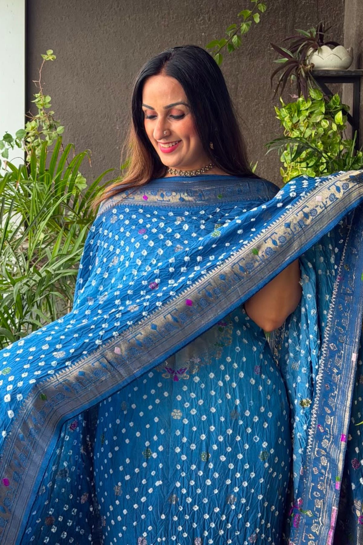 Pure gaji silk full set with hand done bandhani and zari weaving!!
