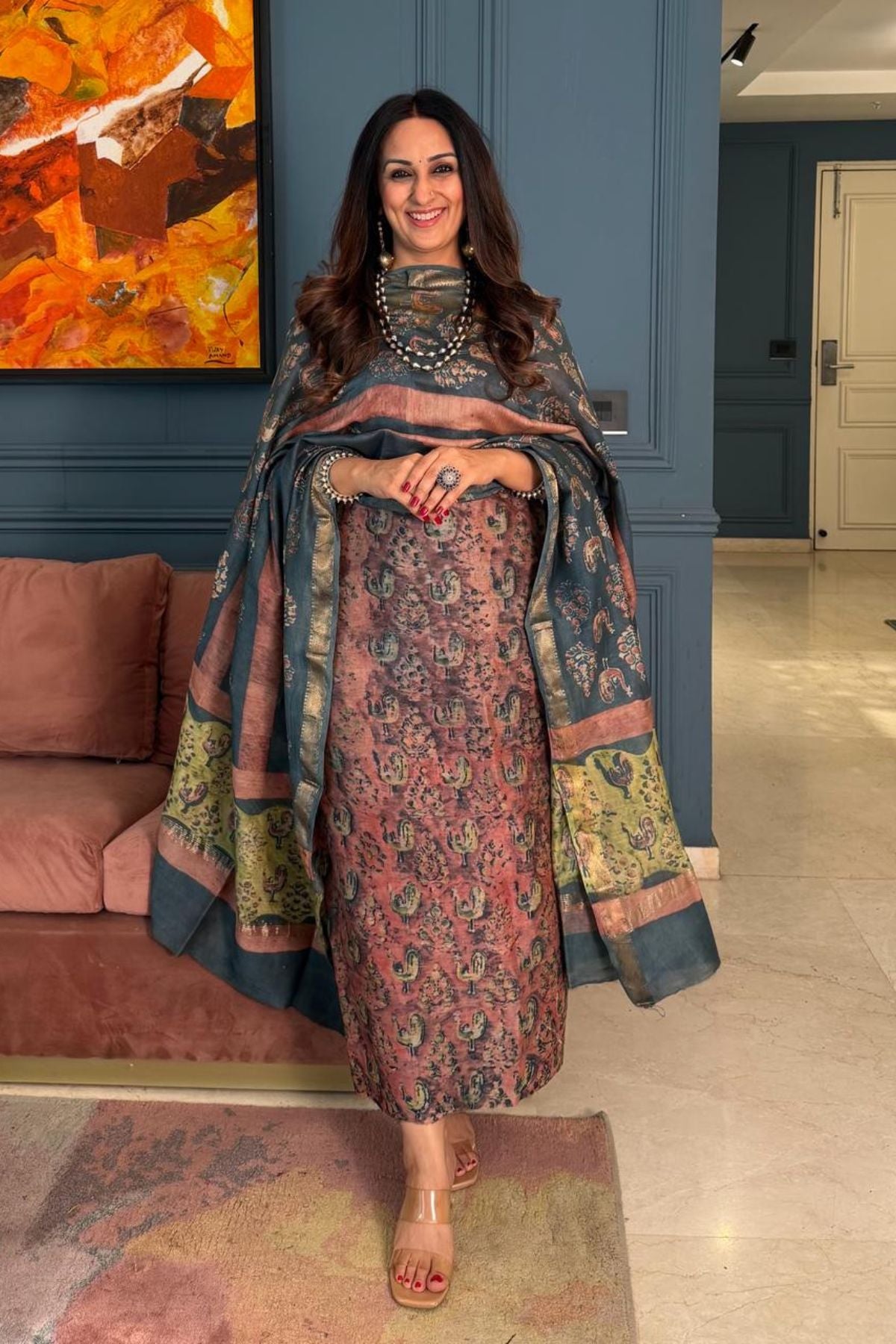 Handblocked with Pomegranate peel kurta dupatta sets in Maheshwari!!