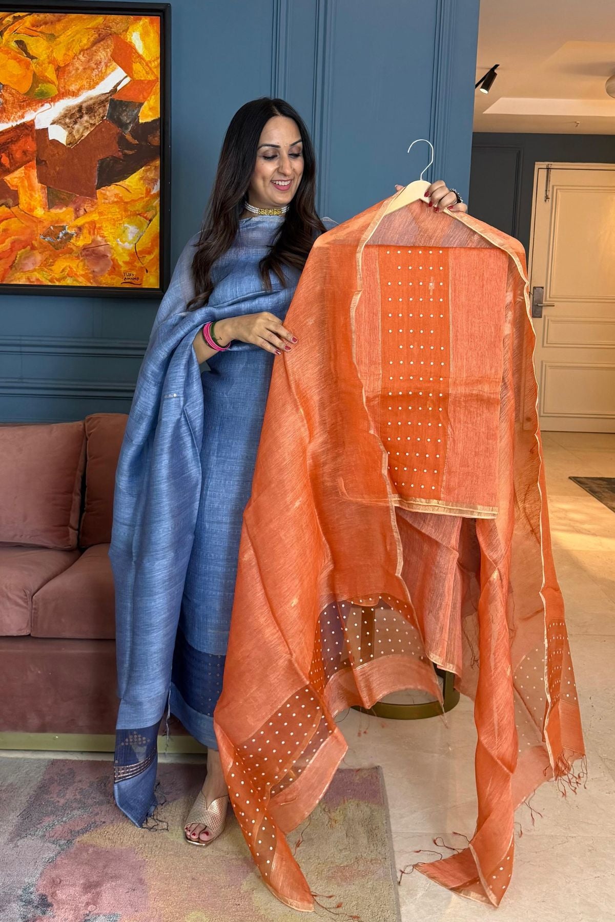 Handwoven with fine sequins Pure Linen kurta dupatta sets!!