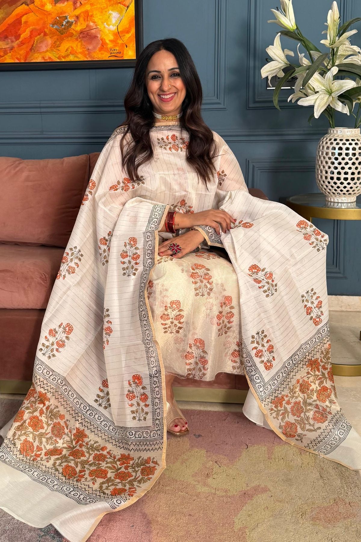 Handblocked Maheshwari kurta dupatta set!!