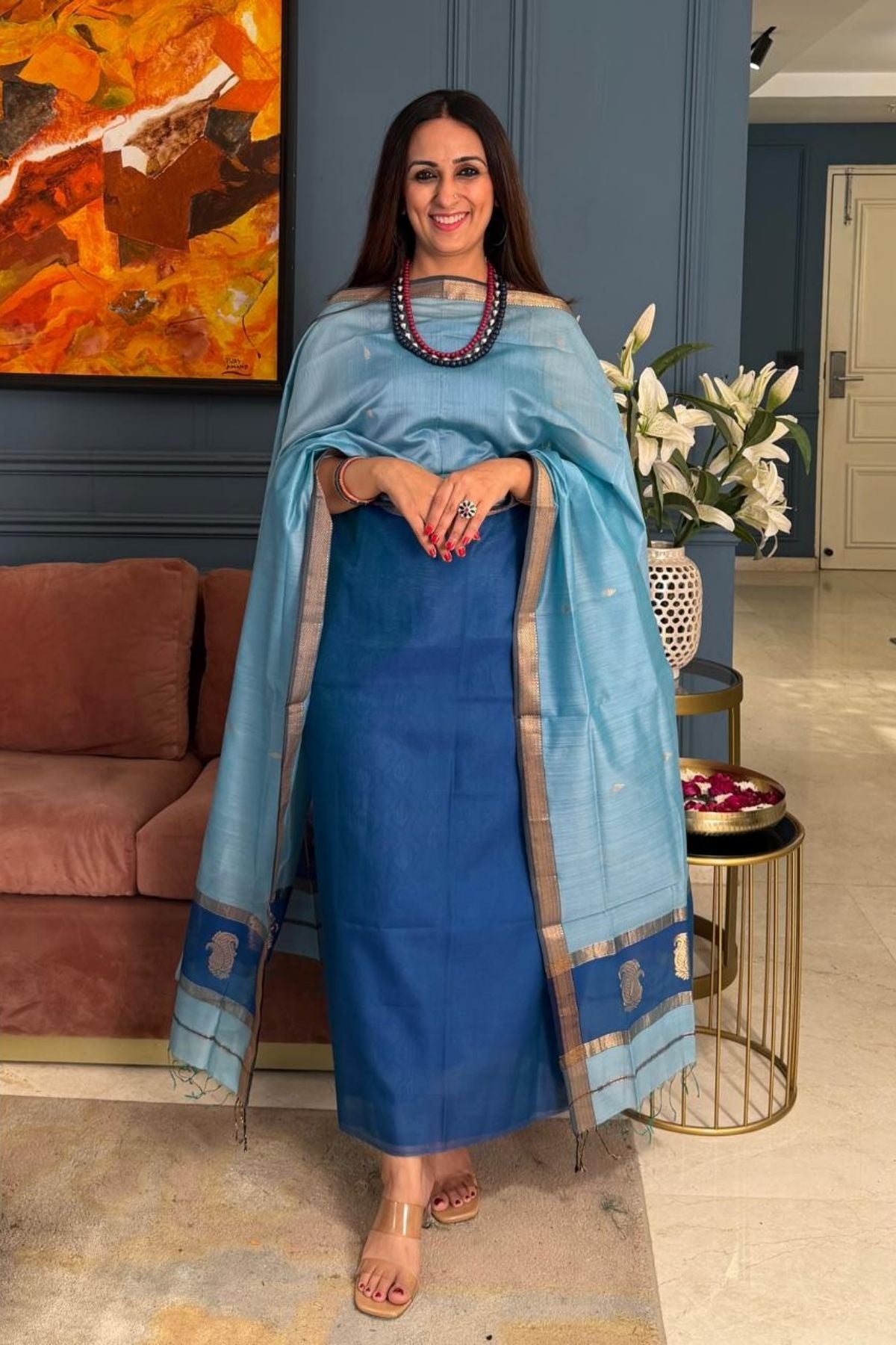 Maheshwari handloom silk by cotton kurta dupatta set