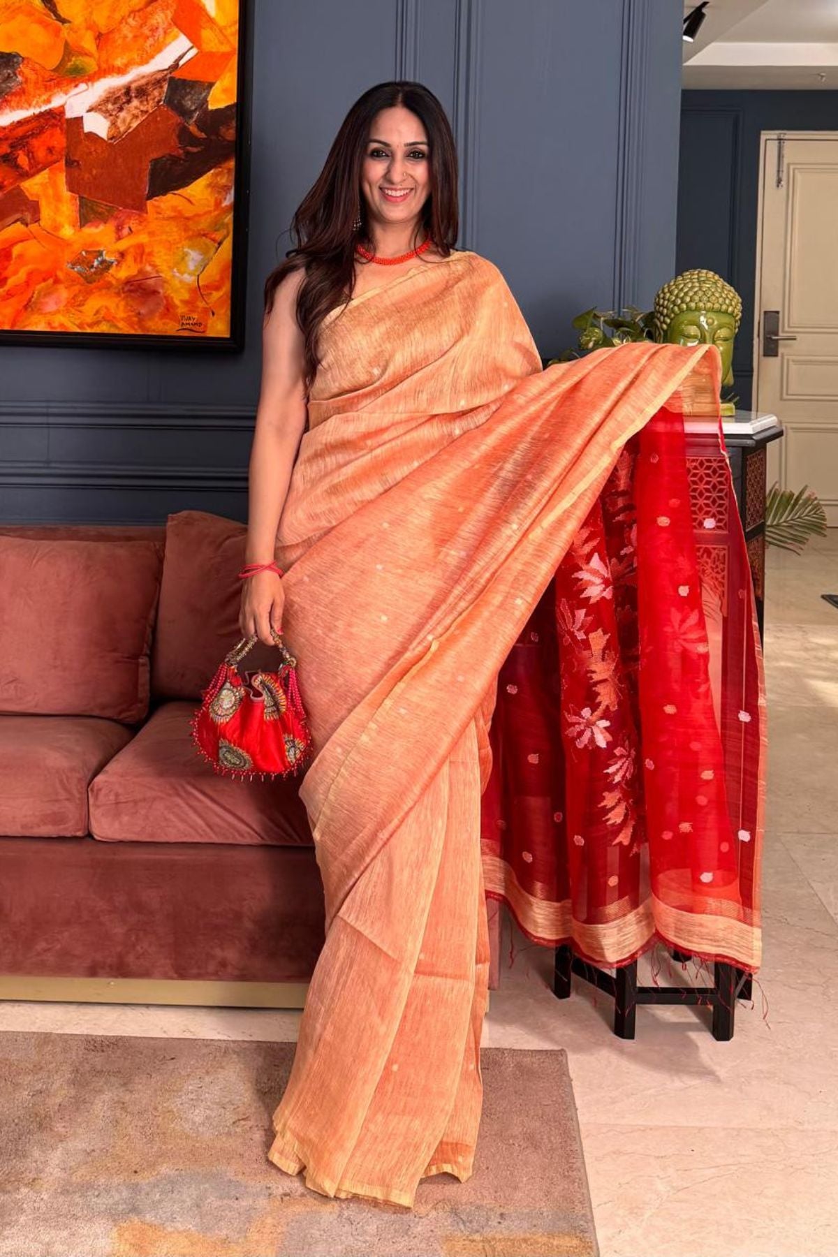 Handwoven Pure Silk linen saree with Jamdani weave