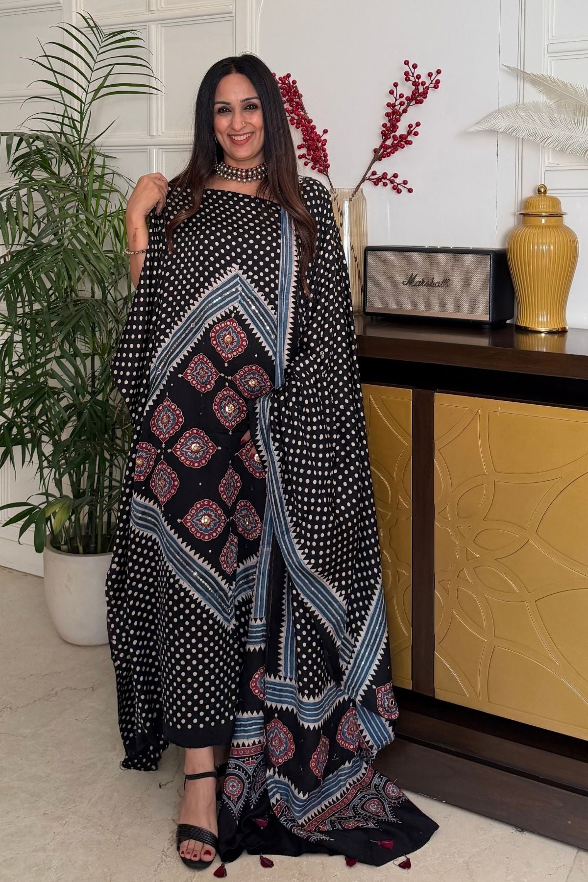 Handblocked Ajrakh kurta dupatta set with very intricate hand embroidery!!