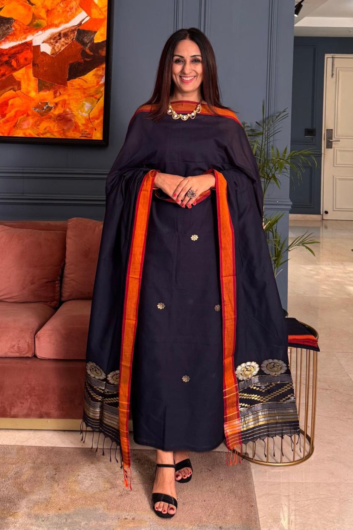 Baluchari and Jamdani weave navy blue full suit set on mercerised cotton