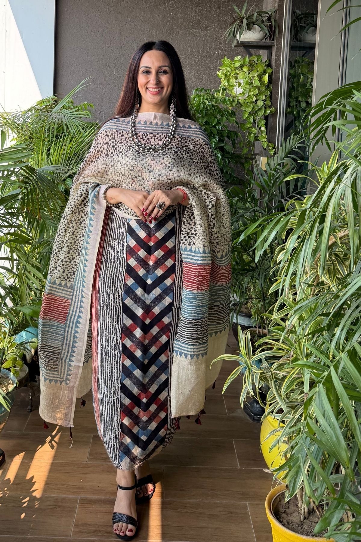 Ajrakh On Pure Linen Silk