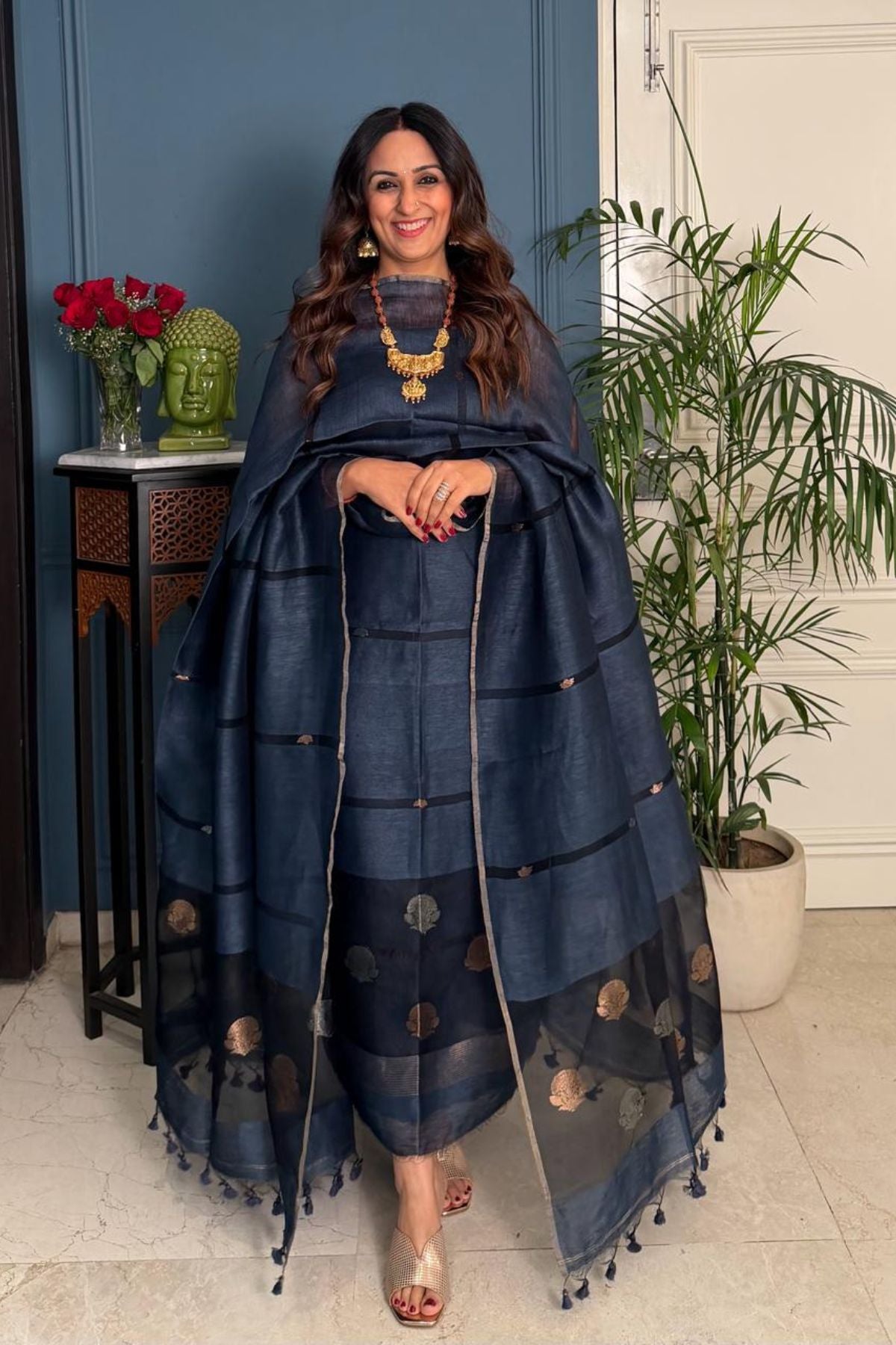 Premium quality pure silk linen kurta dupatta sets with Jamdani weave