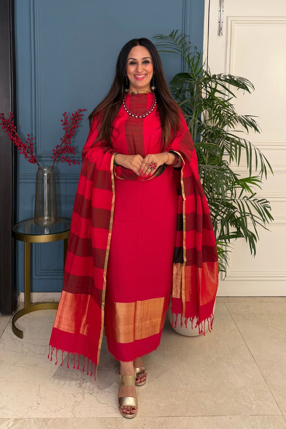Maheshwari weave kurta dupatta set on cotton silk