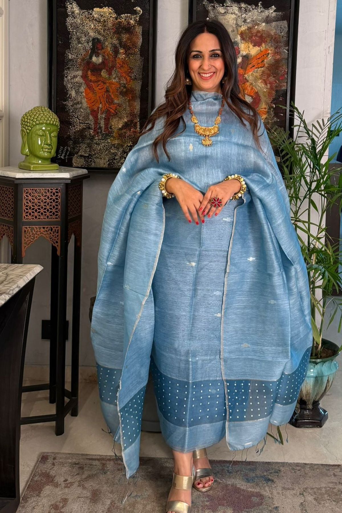 Linen silk handwoven kurta dupatta set