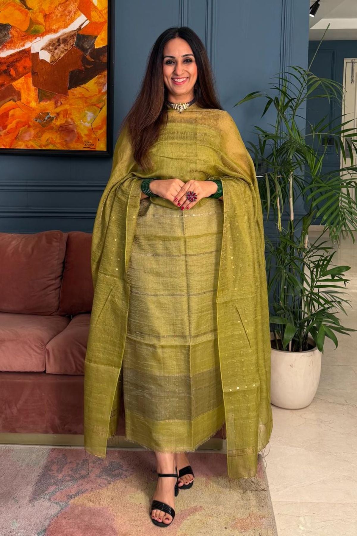 Handwoven pure tissue silk linen kurta dupatta sets !!