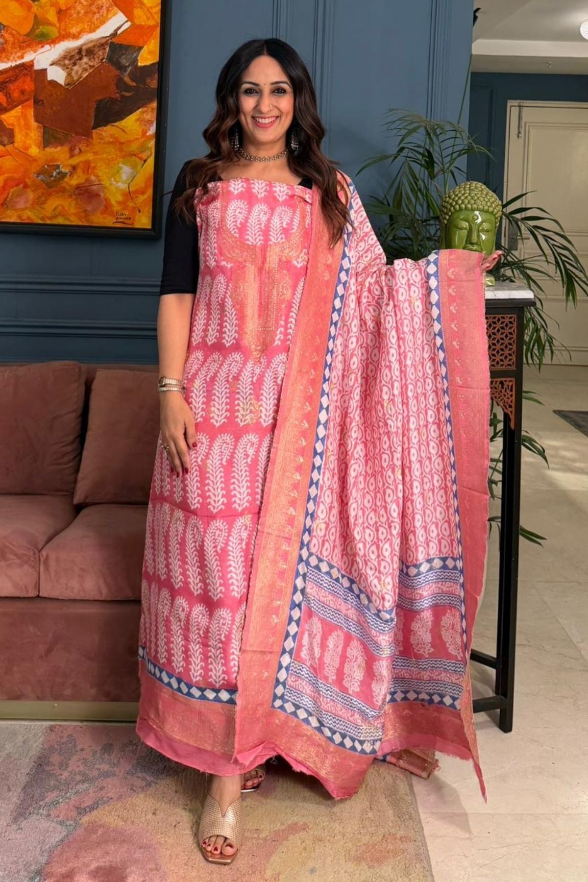 Handblocked Bagh indigo sets on Dola Silk