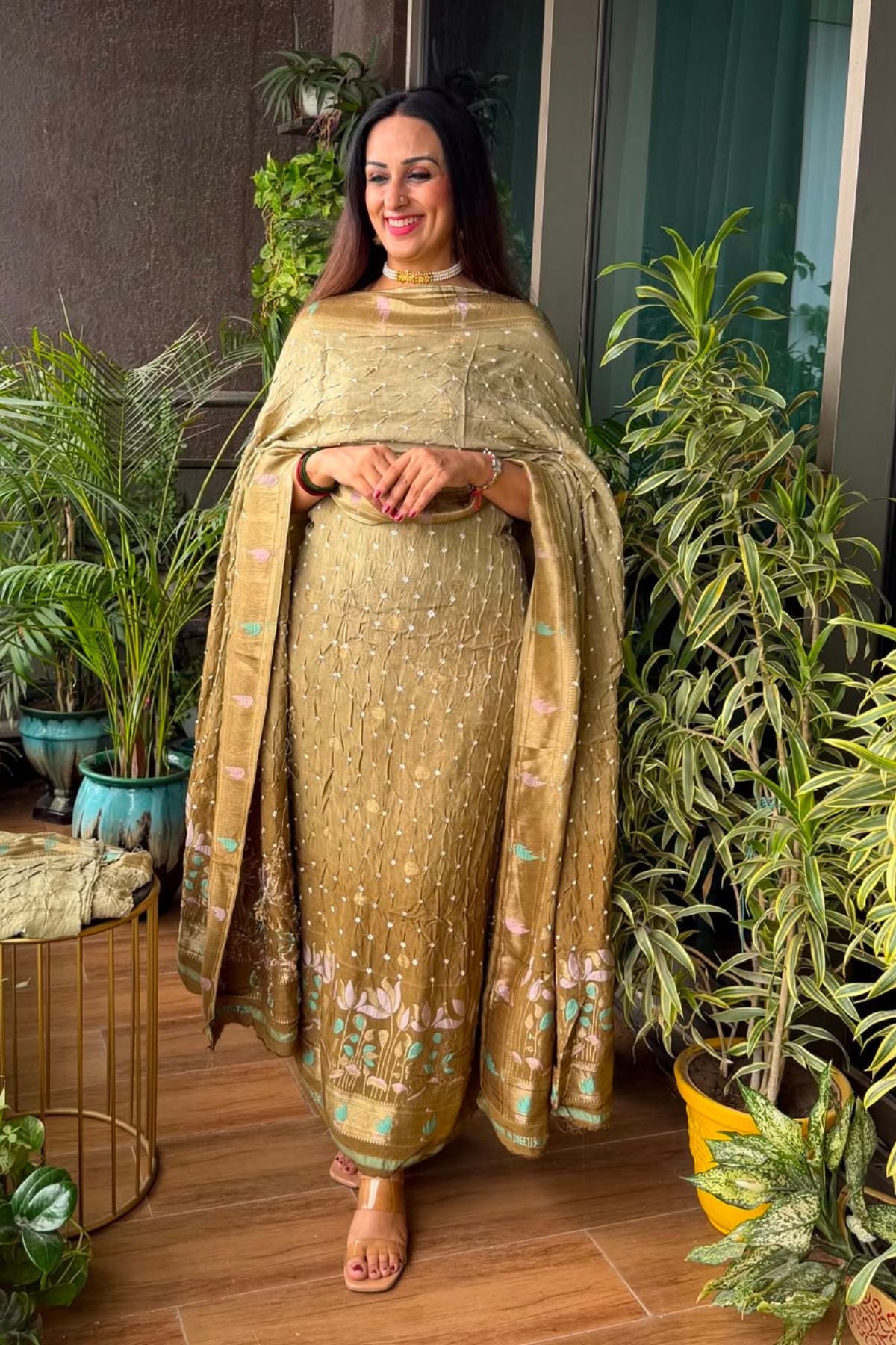 Pure modal silk full set with hand done bandhani and zari weaving!!