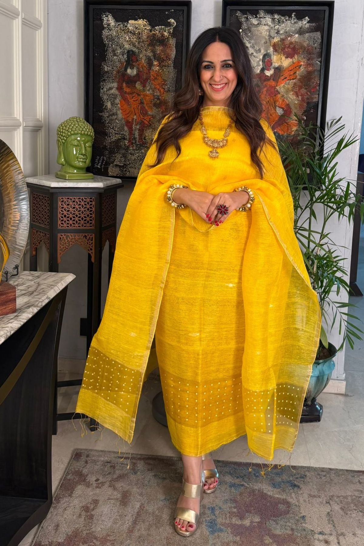 Linen silk handwoven kurta dupatta set