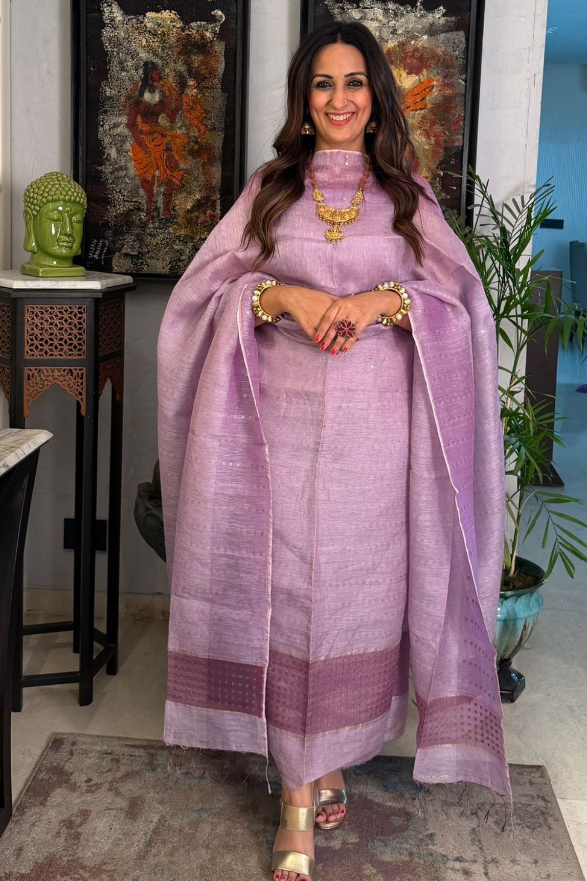 Linen silk handwoven kurta dupatta set
