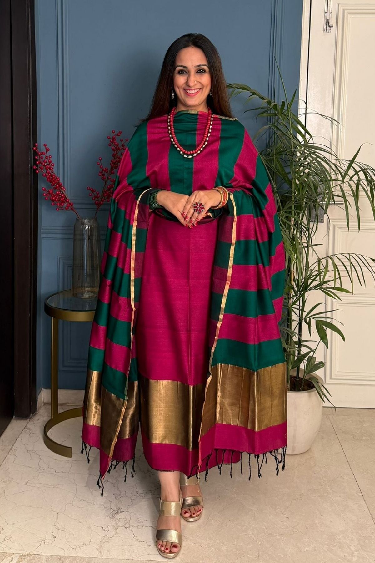 Maheshwari weave kurta dupatta set on cotton silk