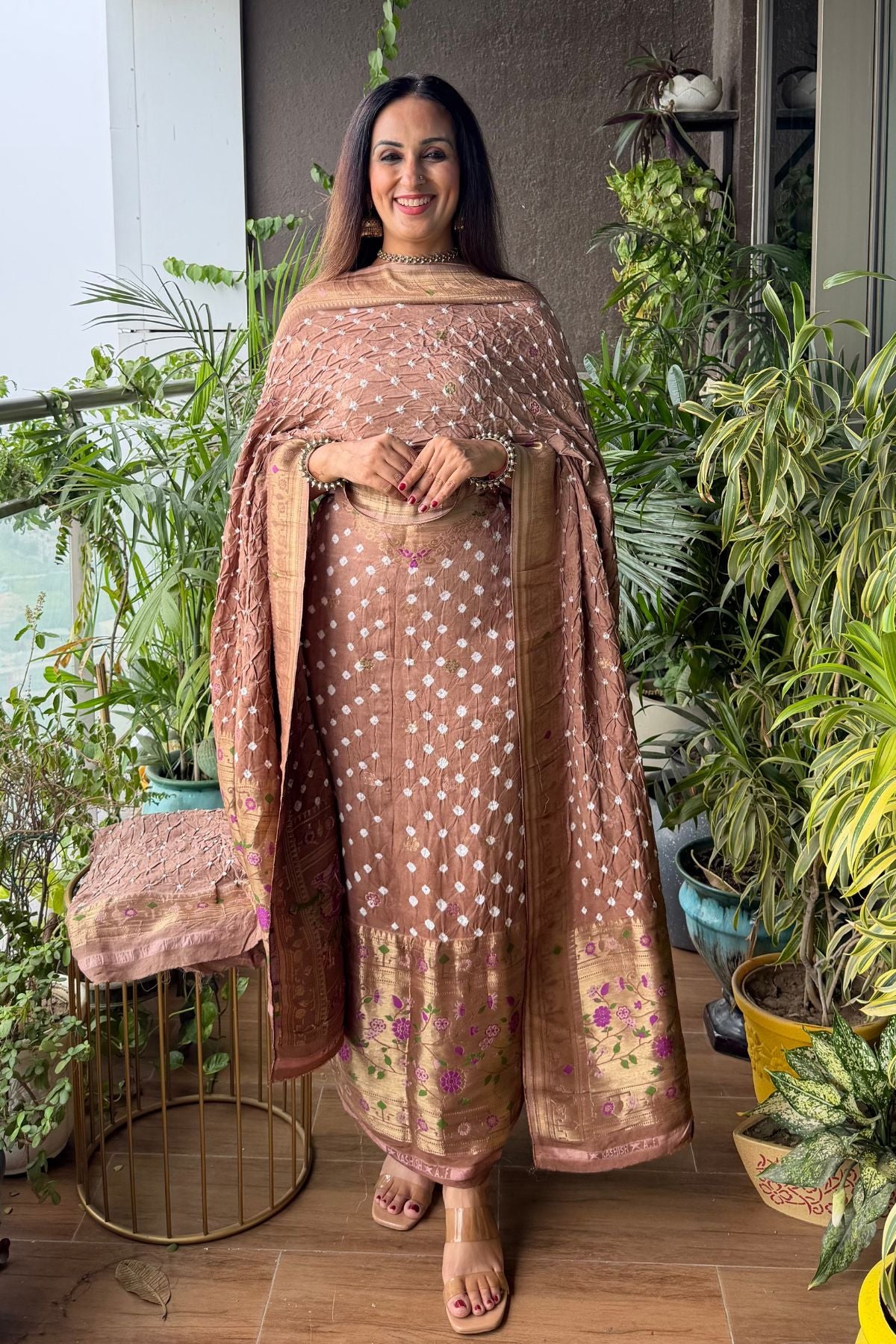 Pure gaji silk full set with hand done bandhani and zari weaving!!