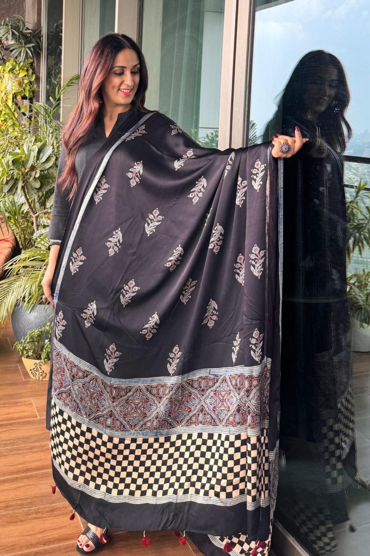 Handblocked Ajrakh dupatta on pure modal satin