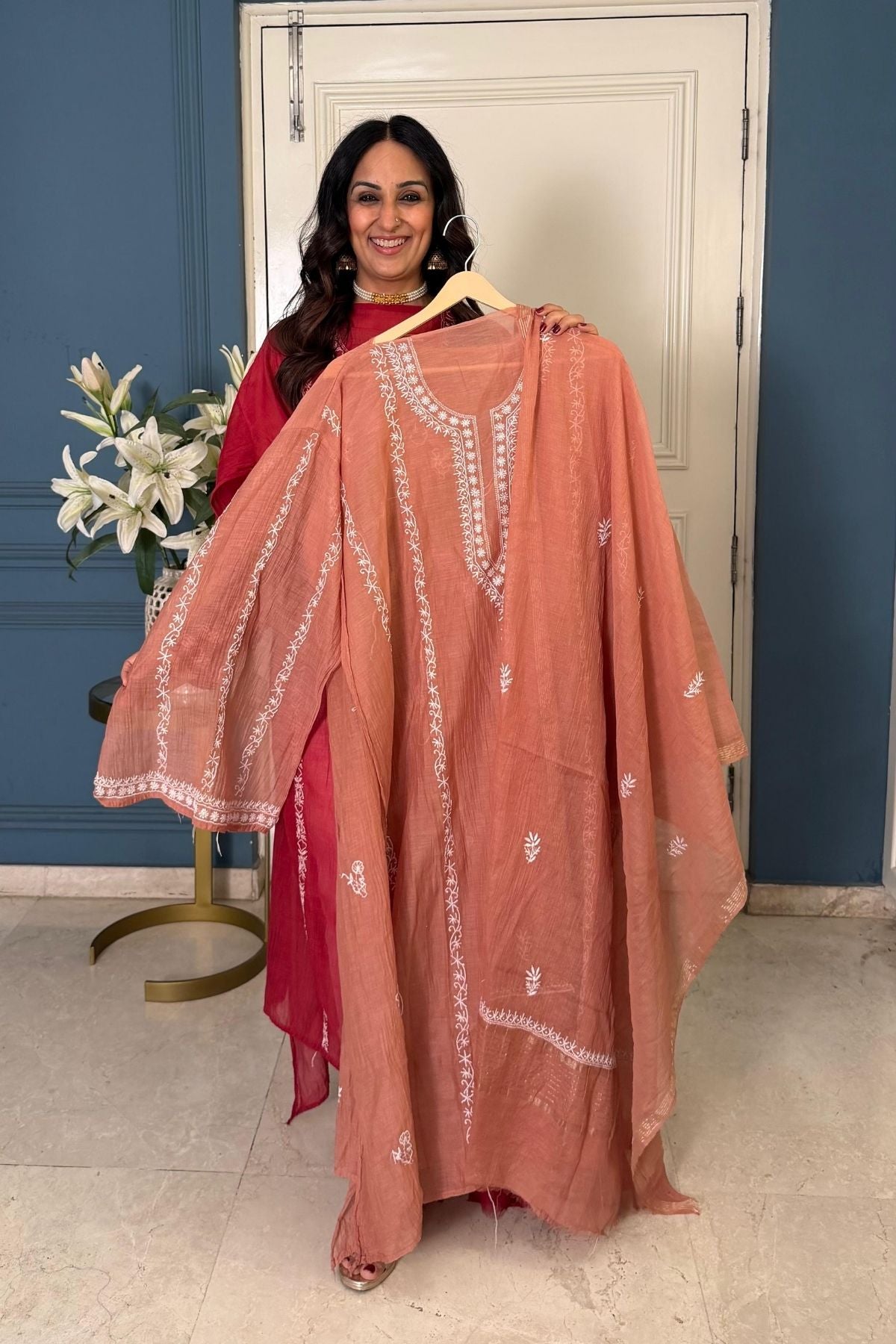 Pure Mul cotton semi stitched Chikankari kurta dupatta set!!!