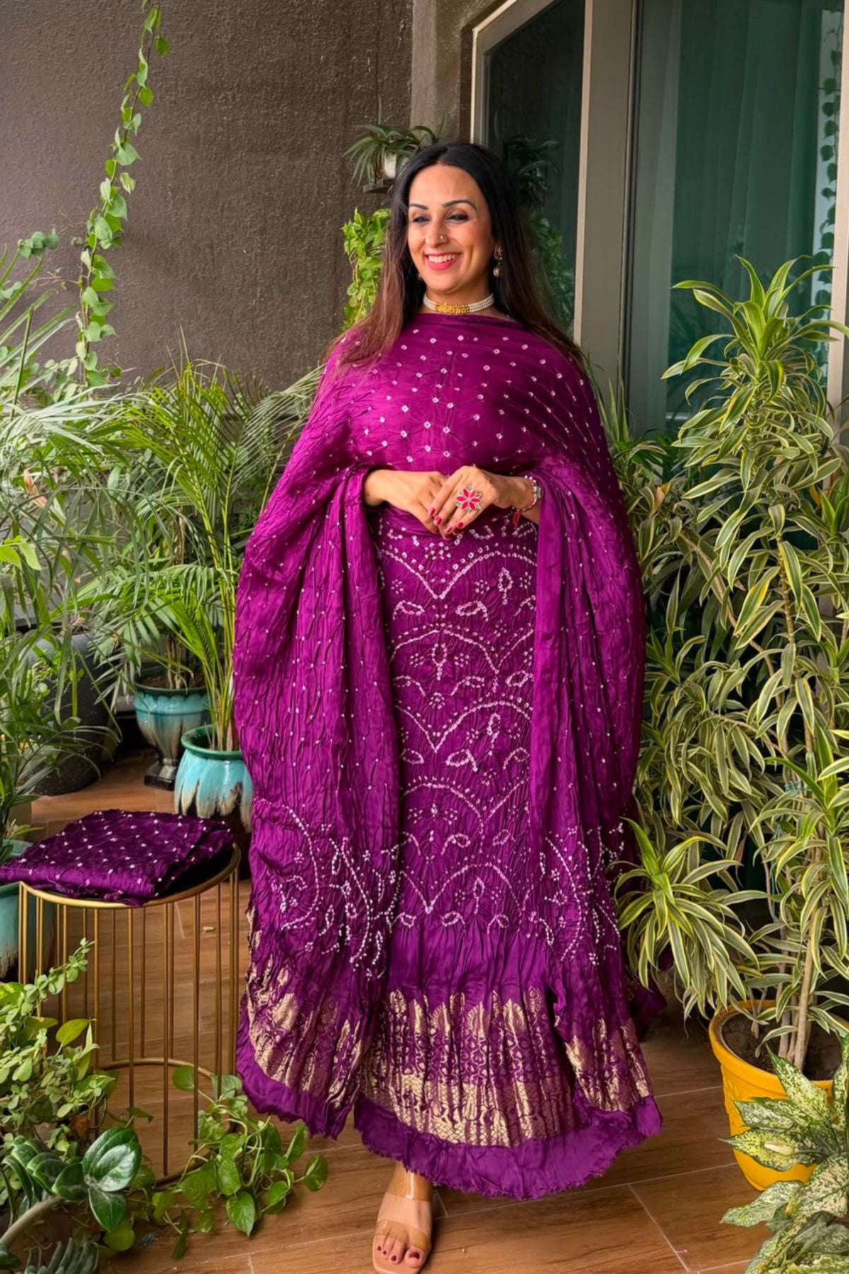 Pure modal silk full set with hand done bandhani and zari weaving!!