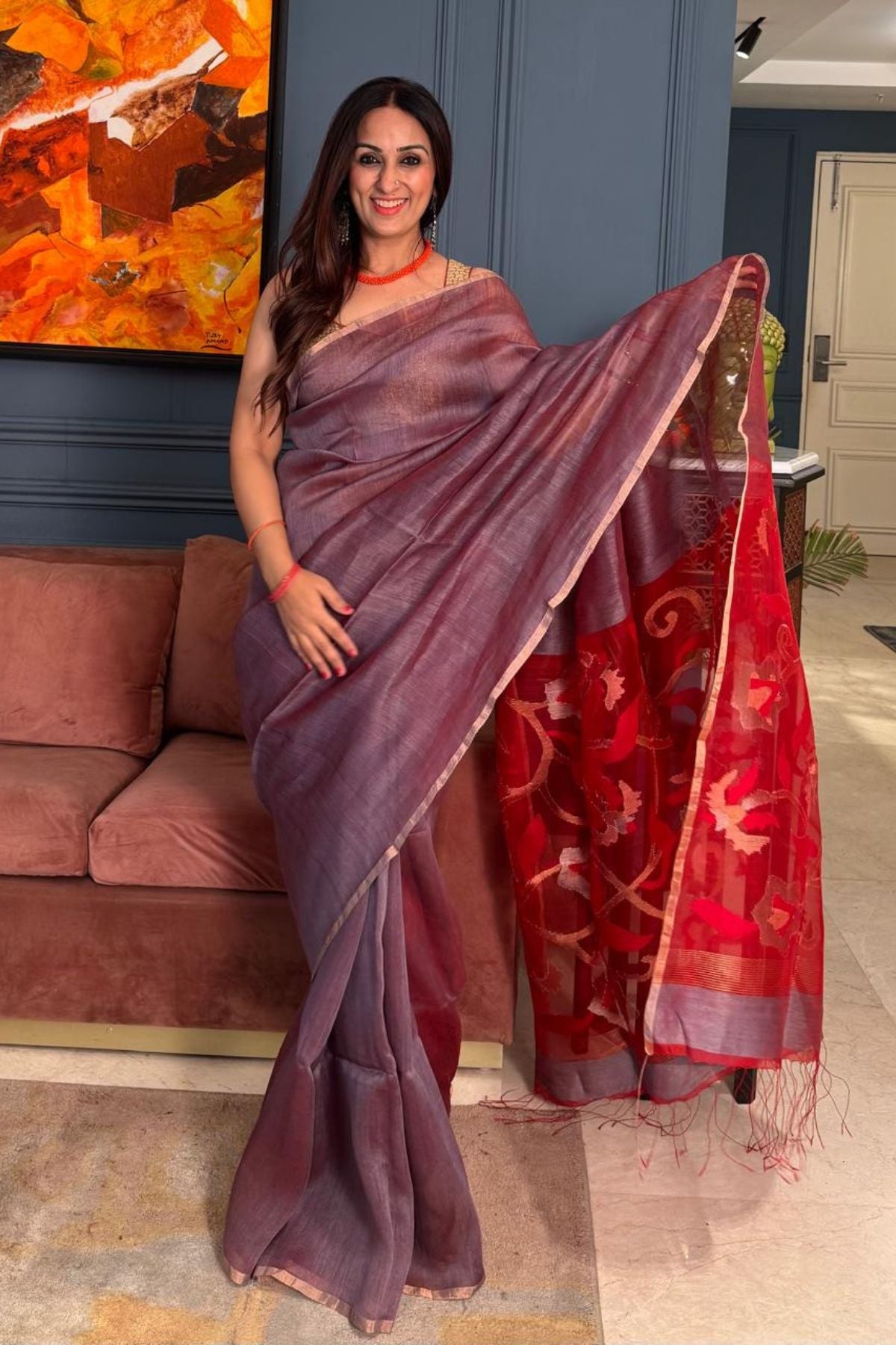 Handwoven Pure Silk linen saree with Jamdani weave