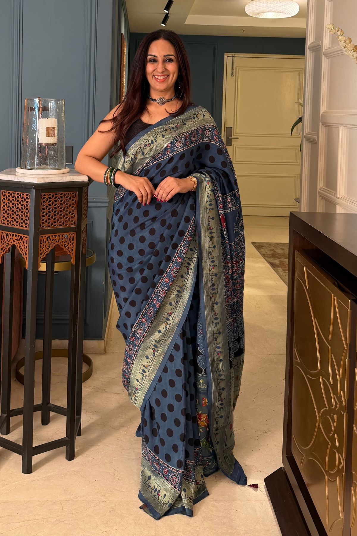Handblocked Ajrakh with Paithani weave on pure modal saree!!