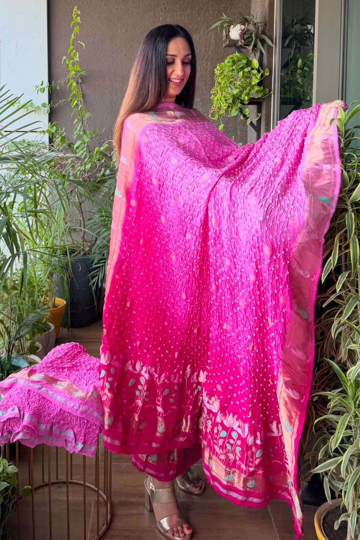 Pure gaji silk full set with hand done bandhani and zari weaving!!