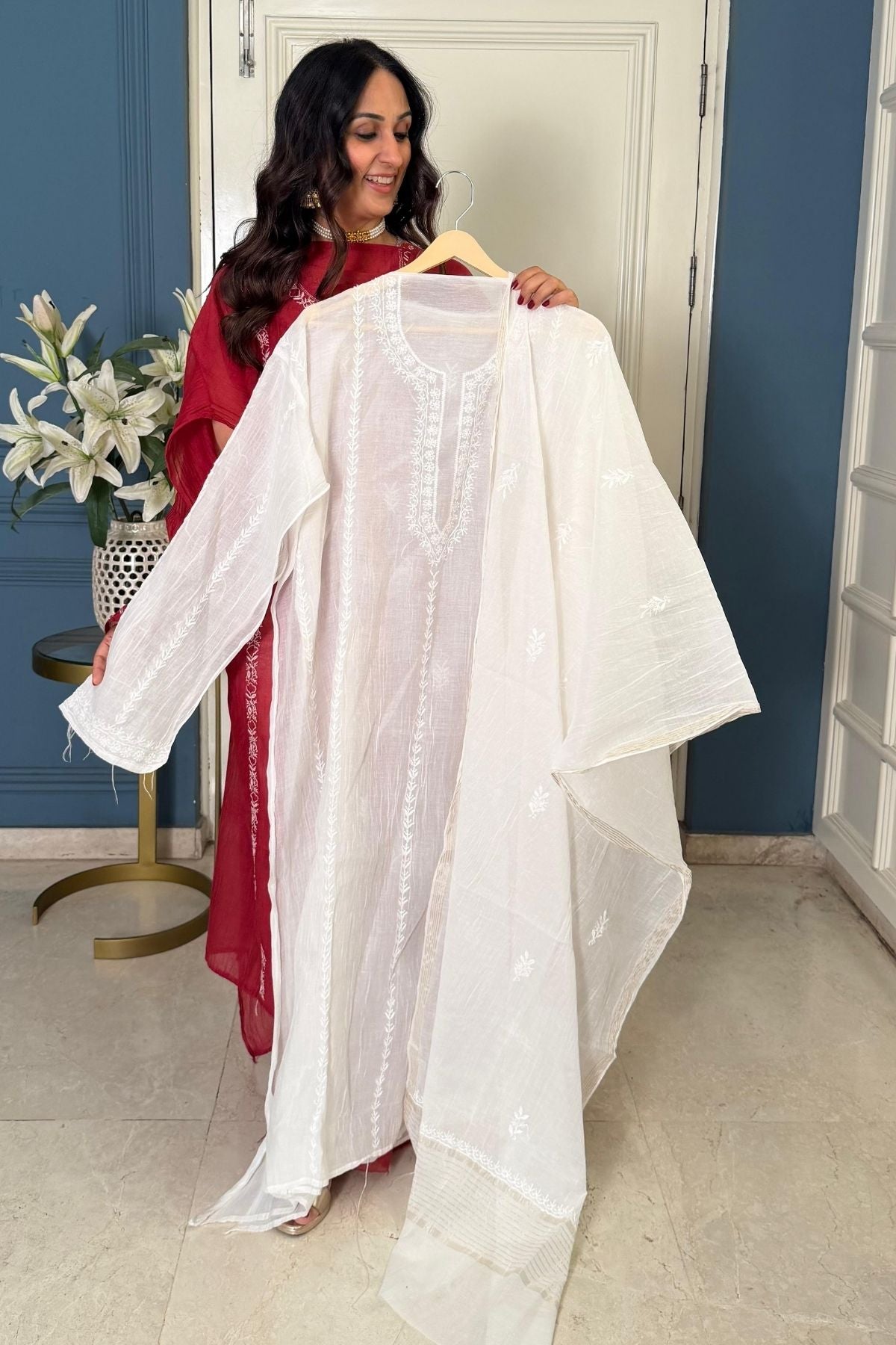 Pure Mul cotton semi stitched Chikankari kurta dupatta set!!!