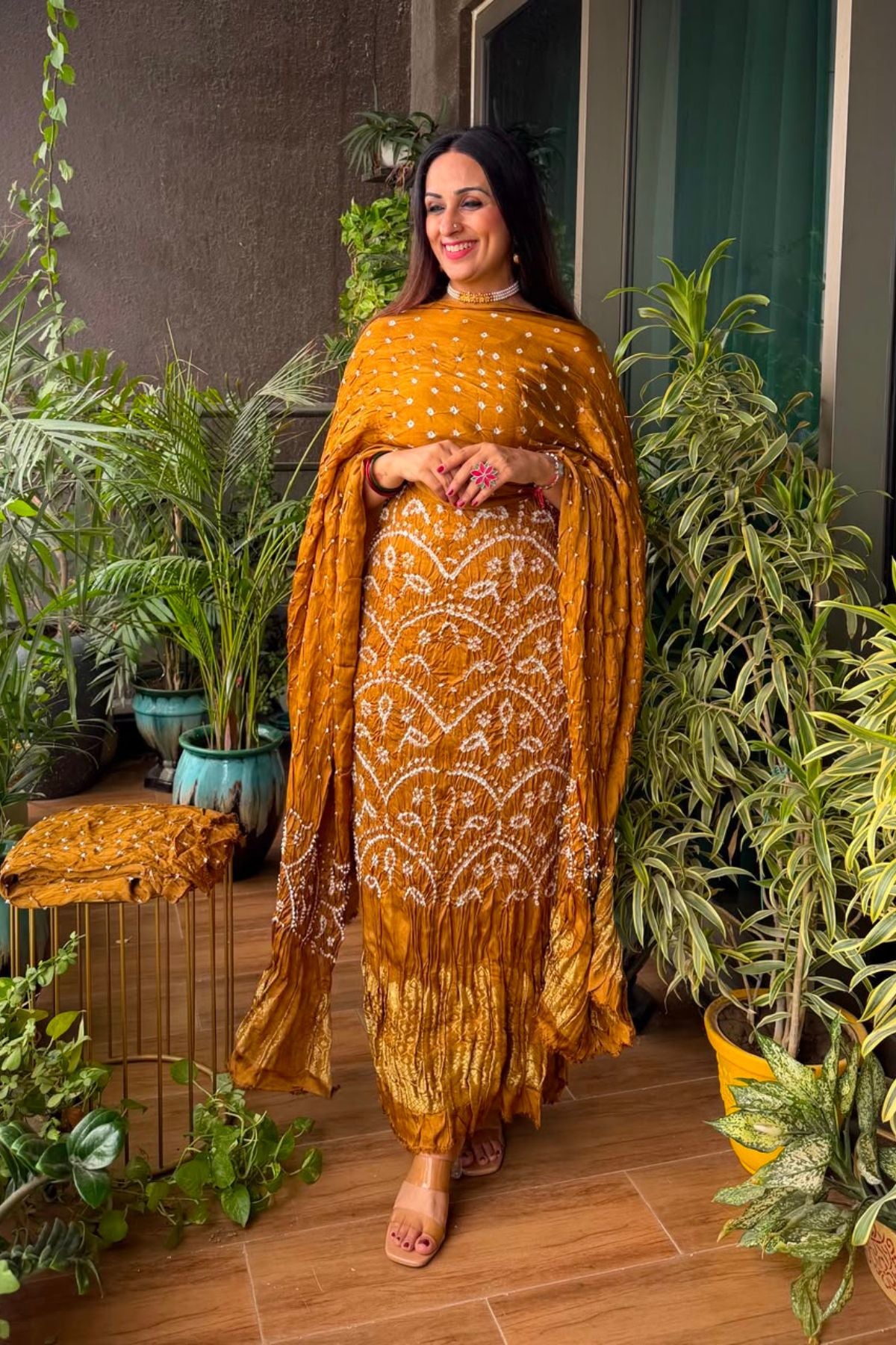 Pure modal silk full set with hand done bandhani and zari weaving!!