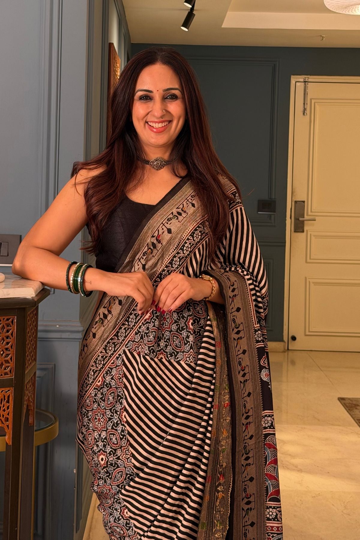 Handblocked Ajrakh with Paithani weave on pure modal saree!!