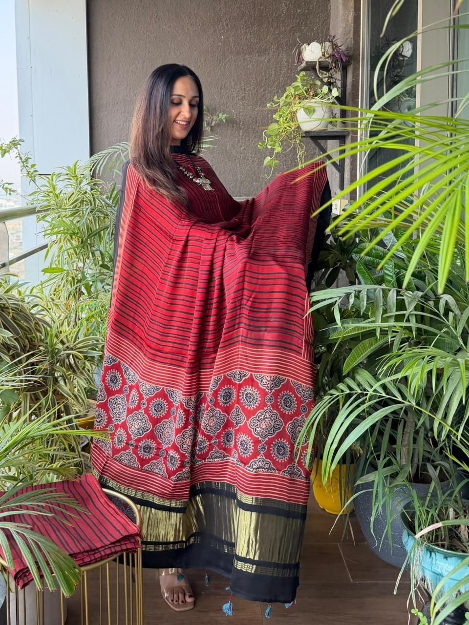 Handblocked Ajrakh full sets in modal with Lagdi patta on dupatta!!