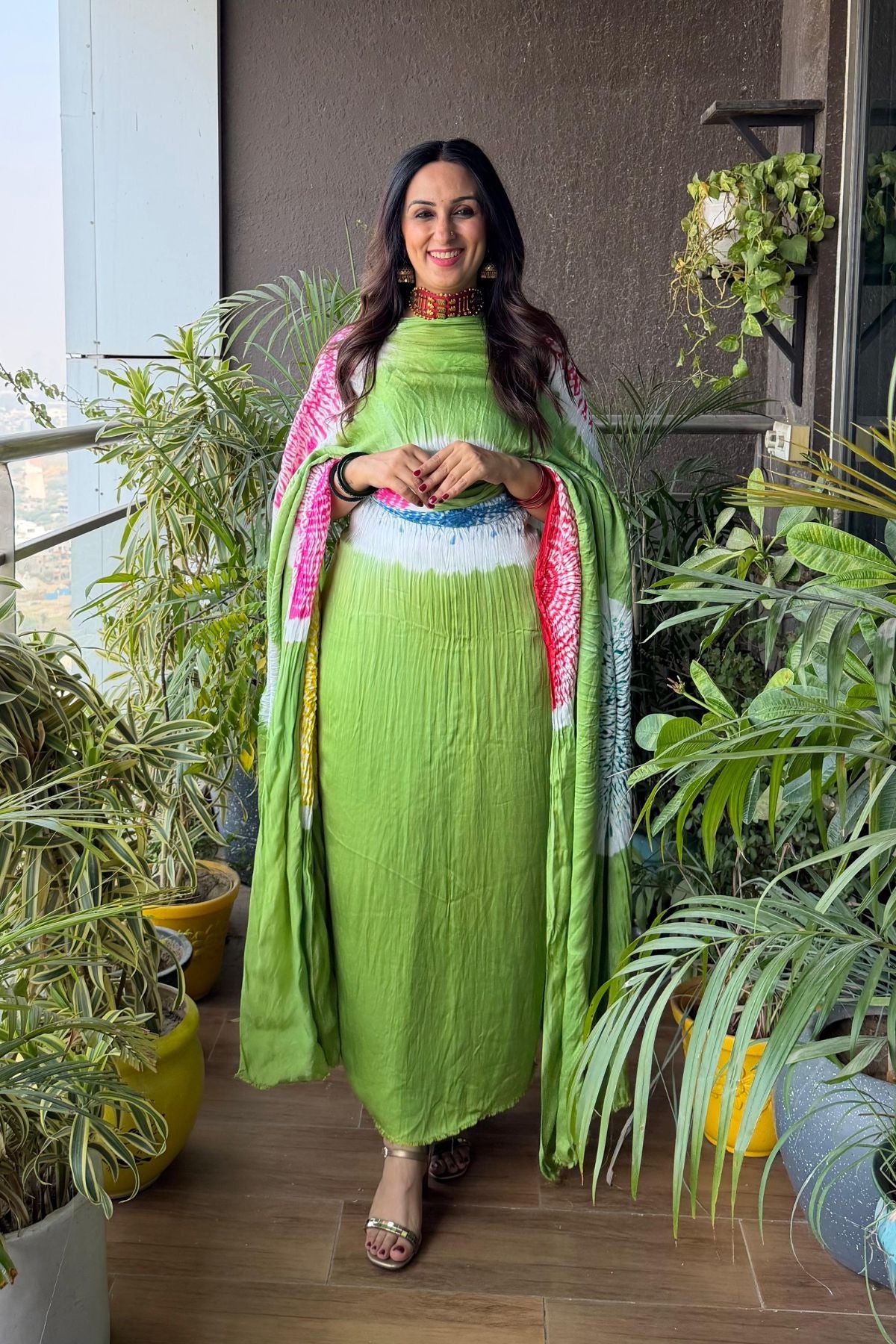 Hand Shibori on pure modal Satin-Kurta and dupatta set!!
