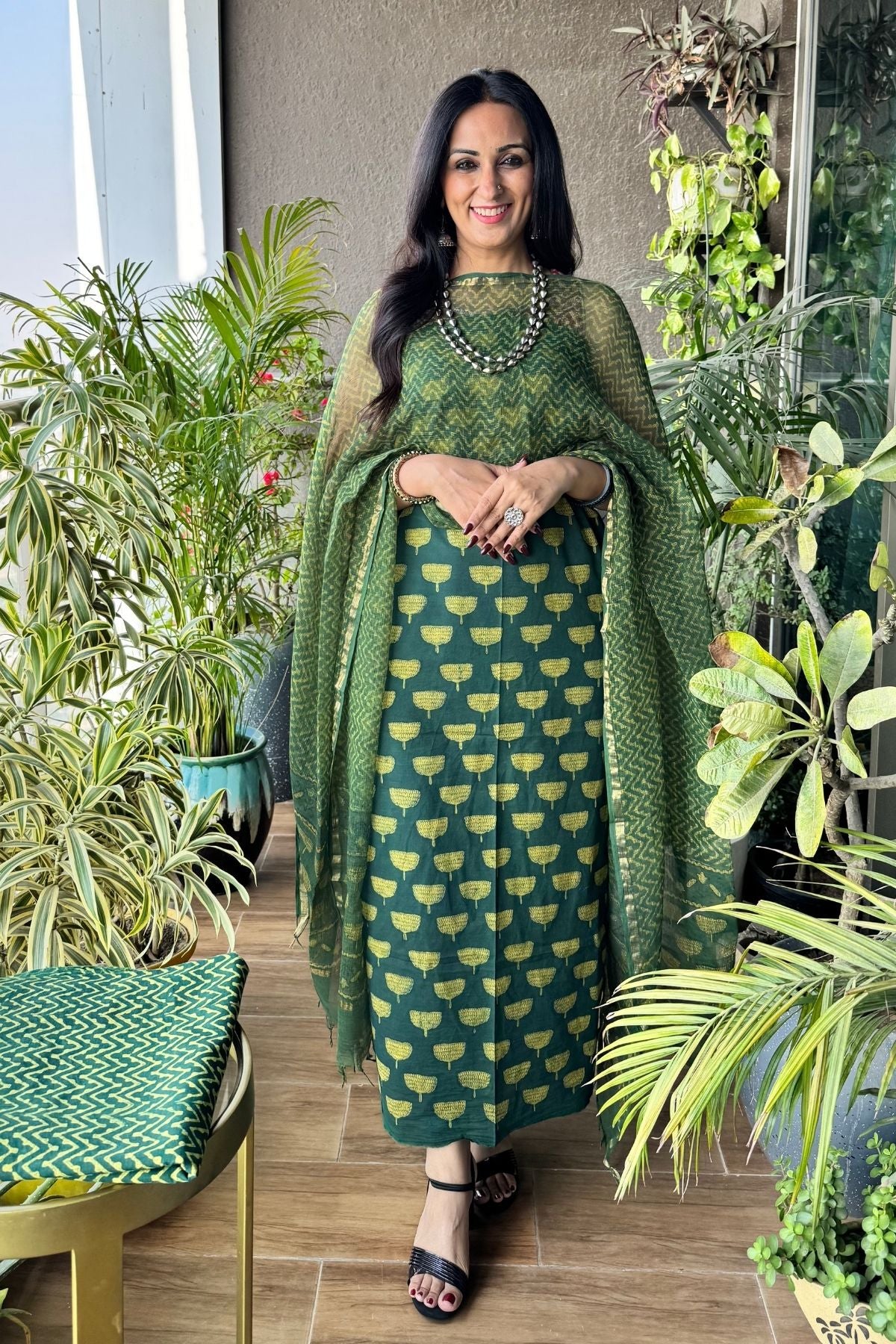 Green Colour Akola Print Full Set With Flower Block All Over Shirt Fabric