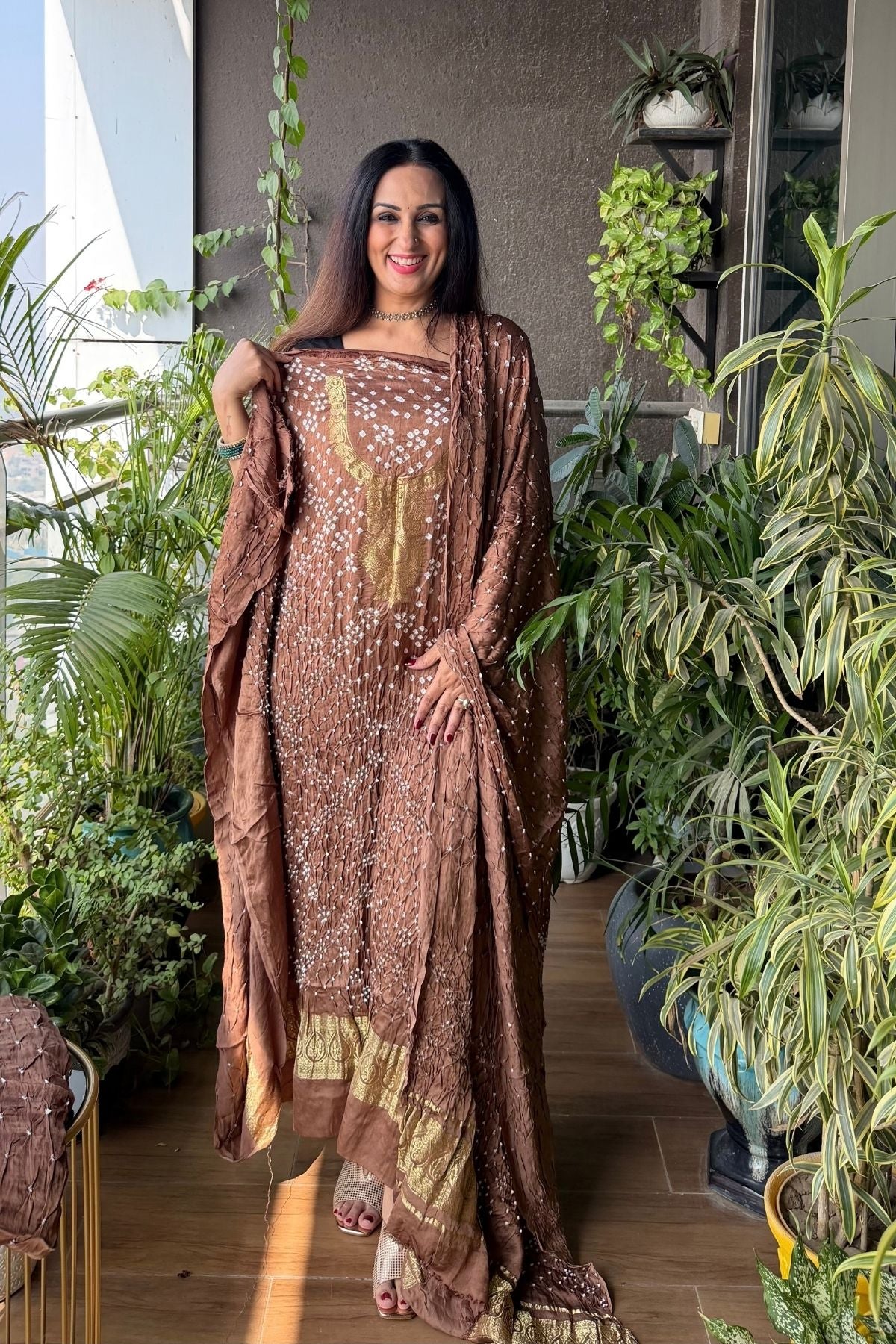 Pure modal silk full set with hand done bandhani and zari weaving!!