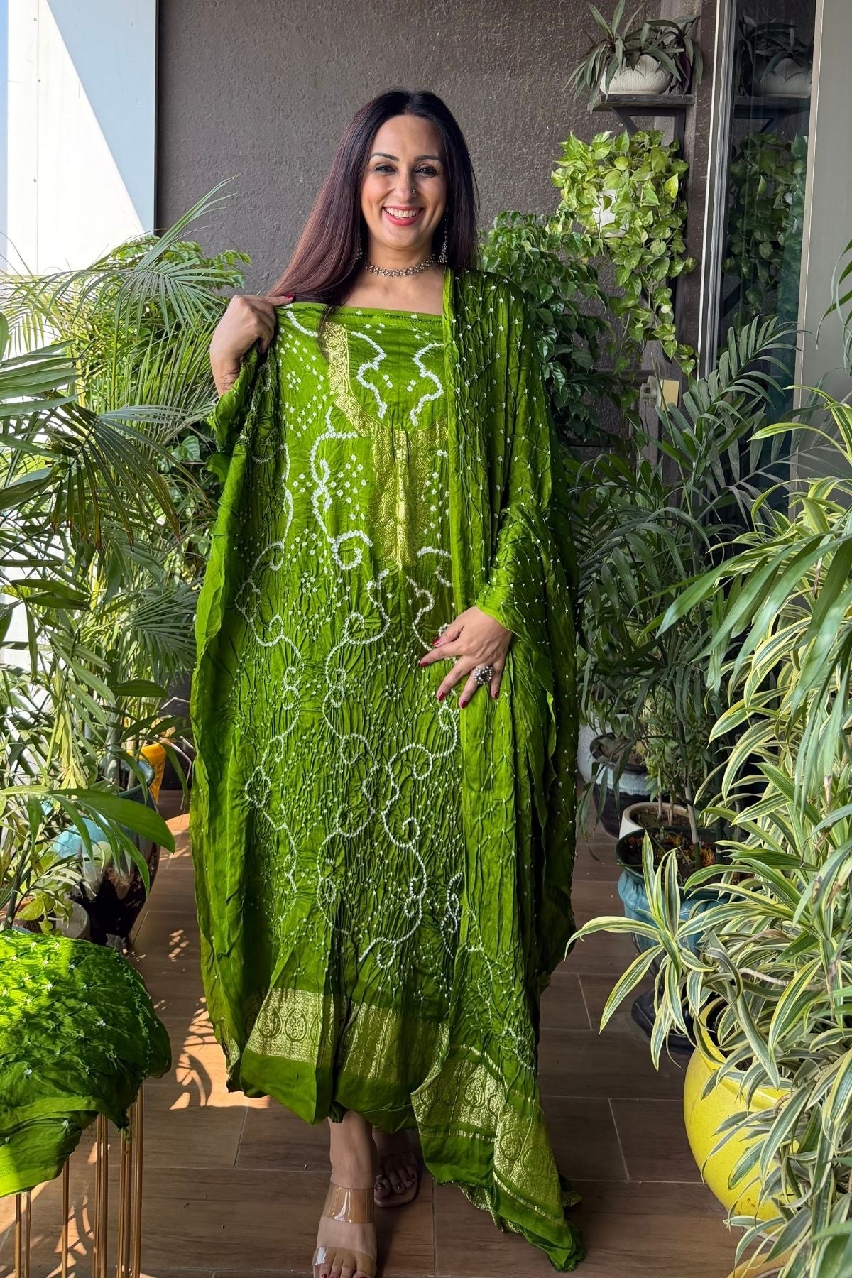 Pure modal silk full set with hand done bandhani and zari weaving!!