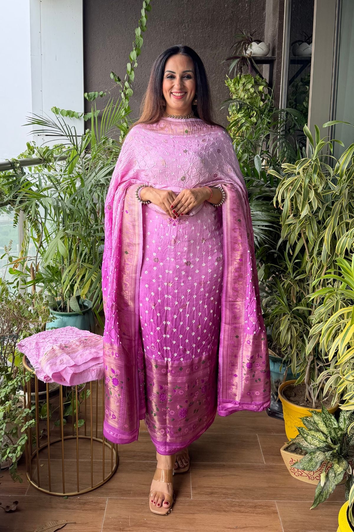 Pure gaji silk full set with hand done bandhani and zari weaving!!