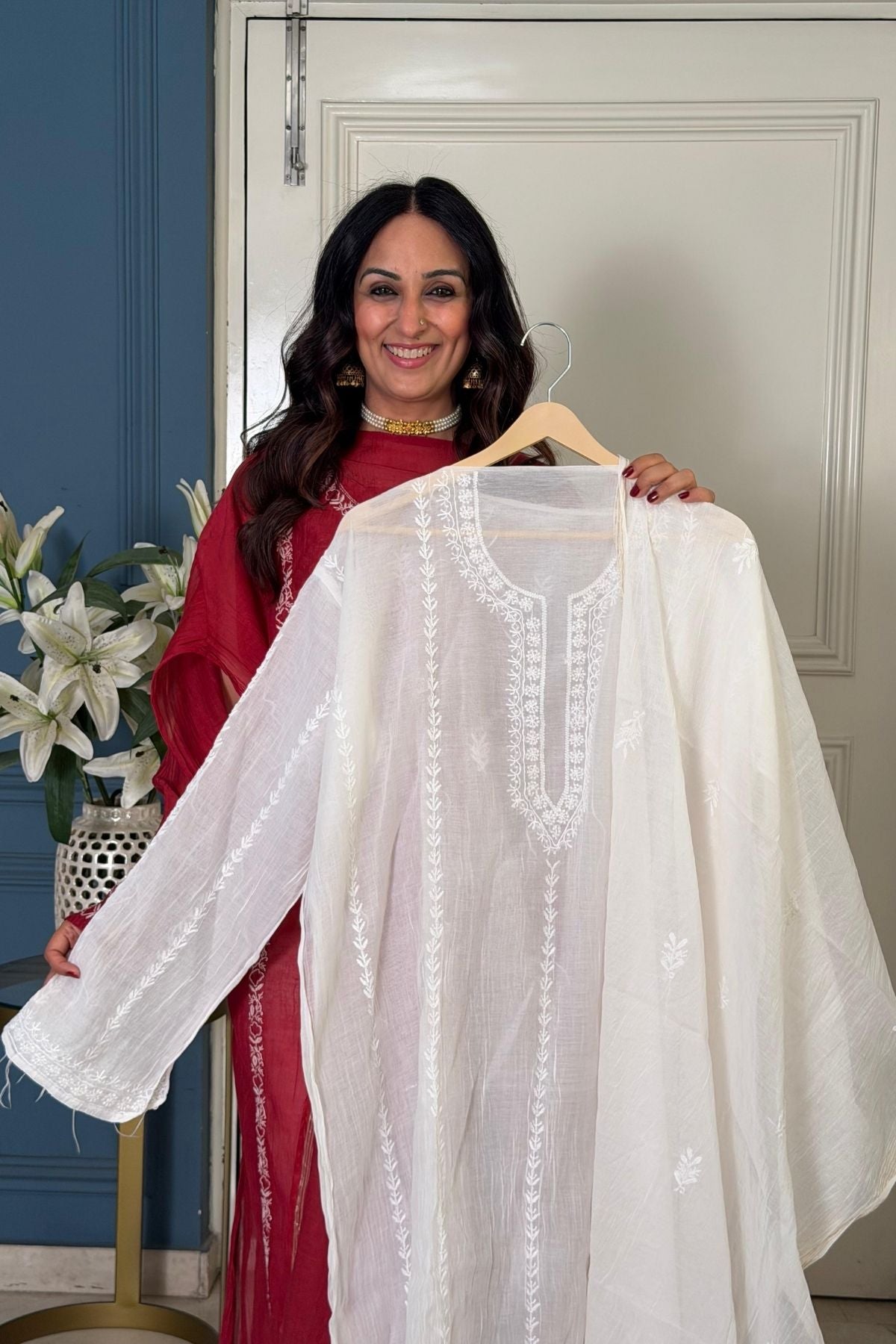 Pure Mul cotton semi stitched Chikankari kurta dupatta set!!!