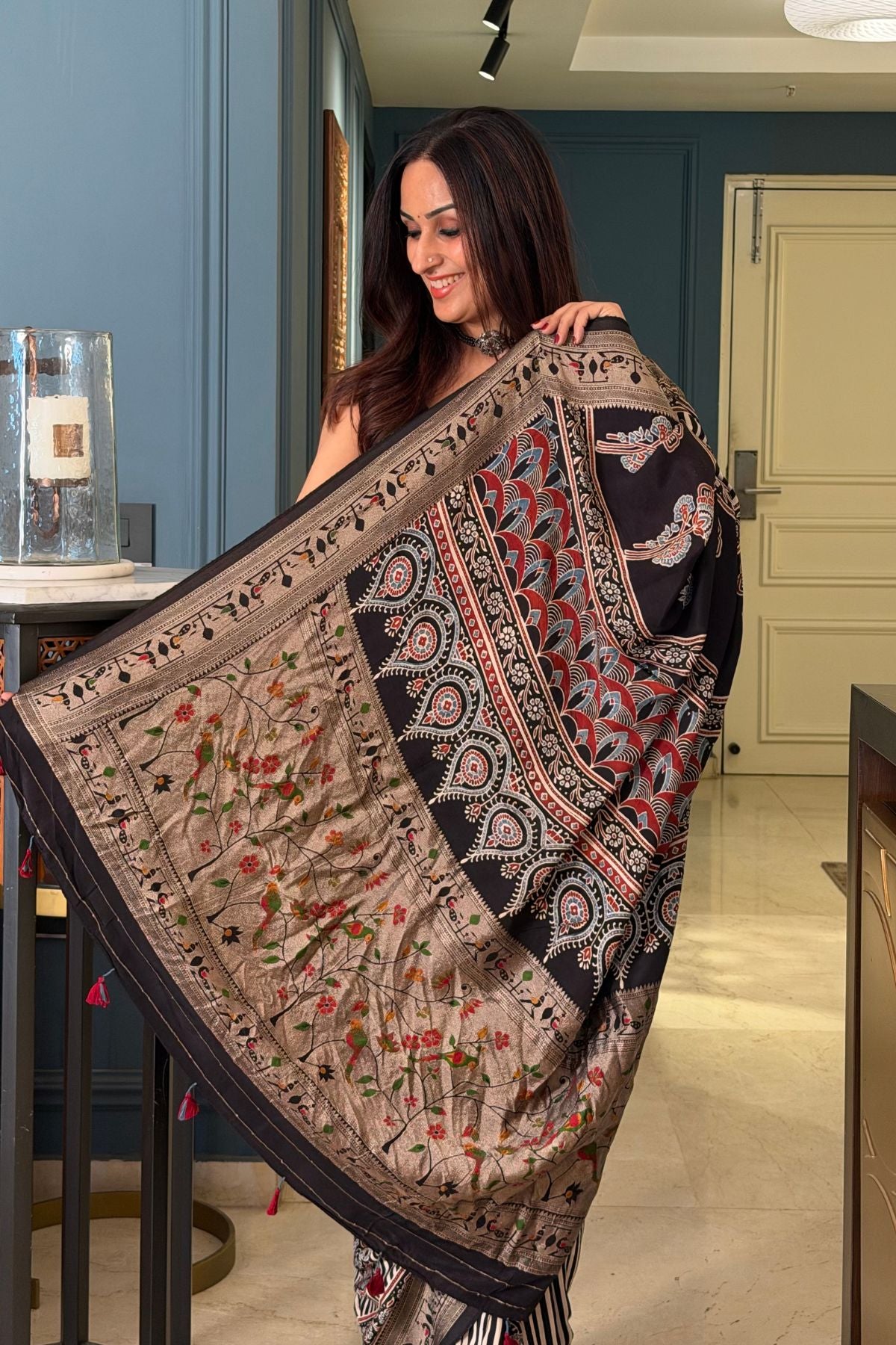 Handblocked Ajrakh with Paithani weave on pure modal saree!!
