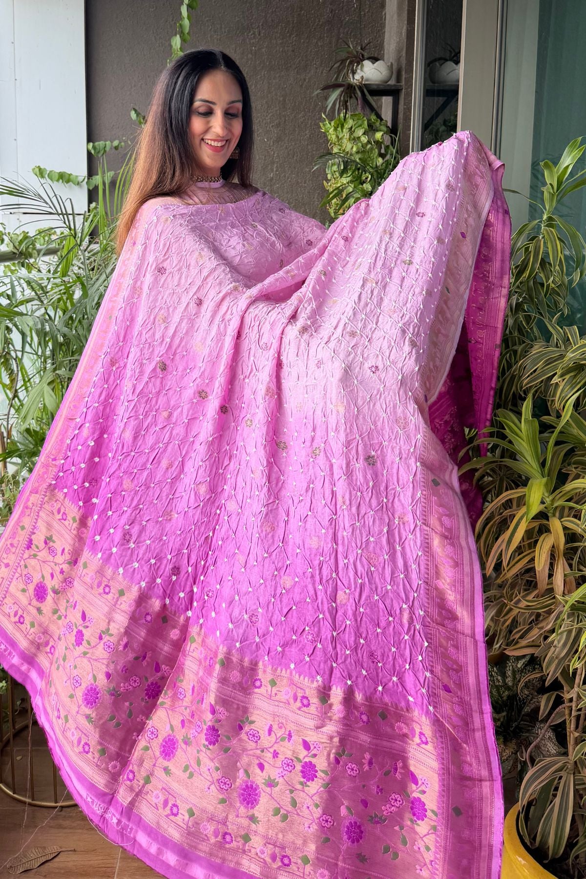 Pure gaji silk full set with hand done bandhani and zari weaving!!