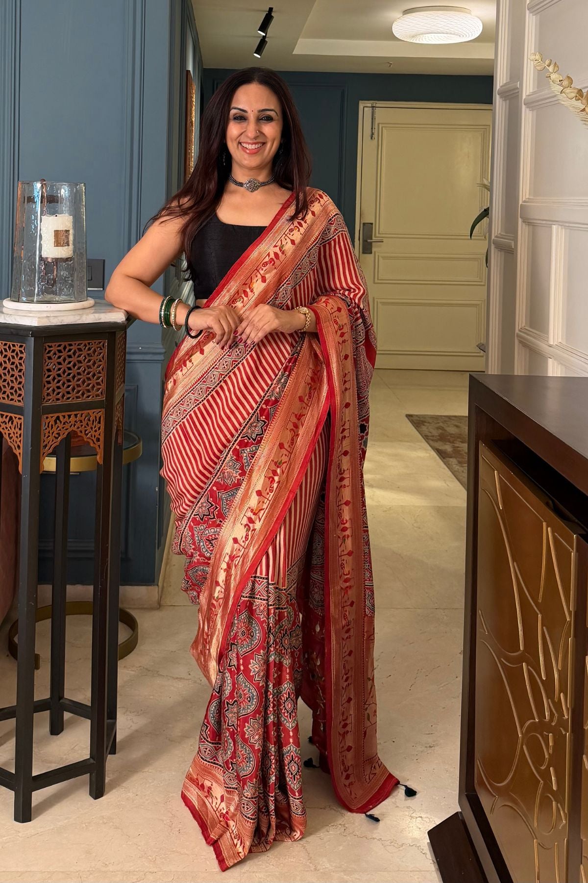 Handblocked Ajrakh with Paithani weave on pure modal saree!!