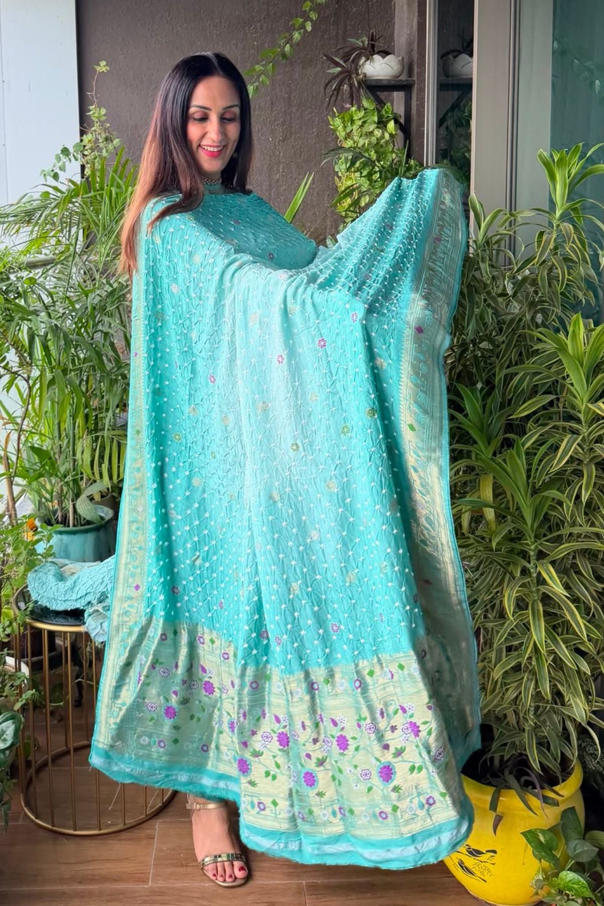 Pure gaji silk full set with hand done bandhani and zari weaving!!