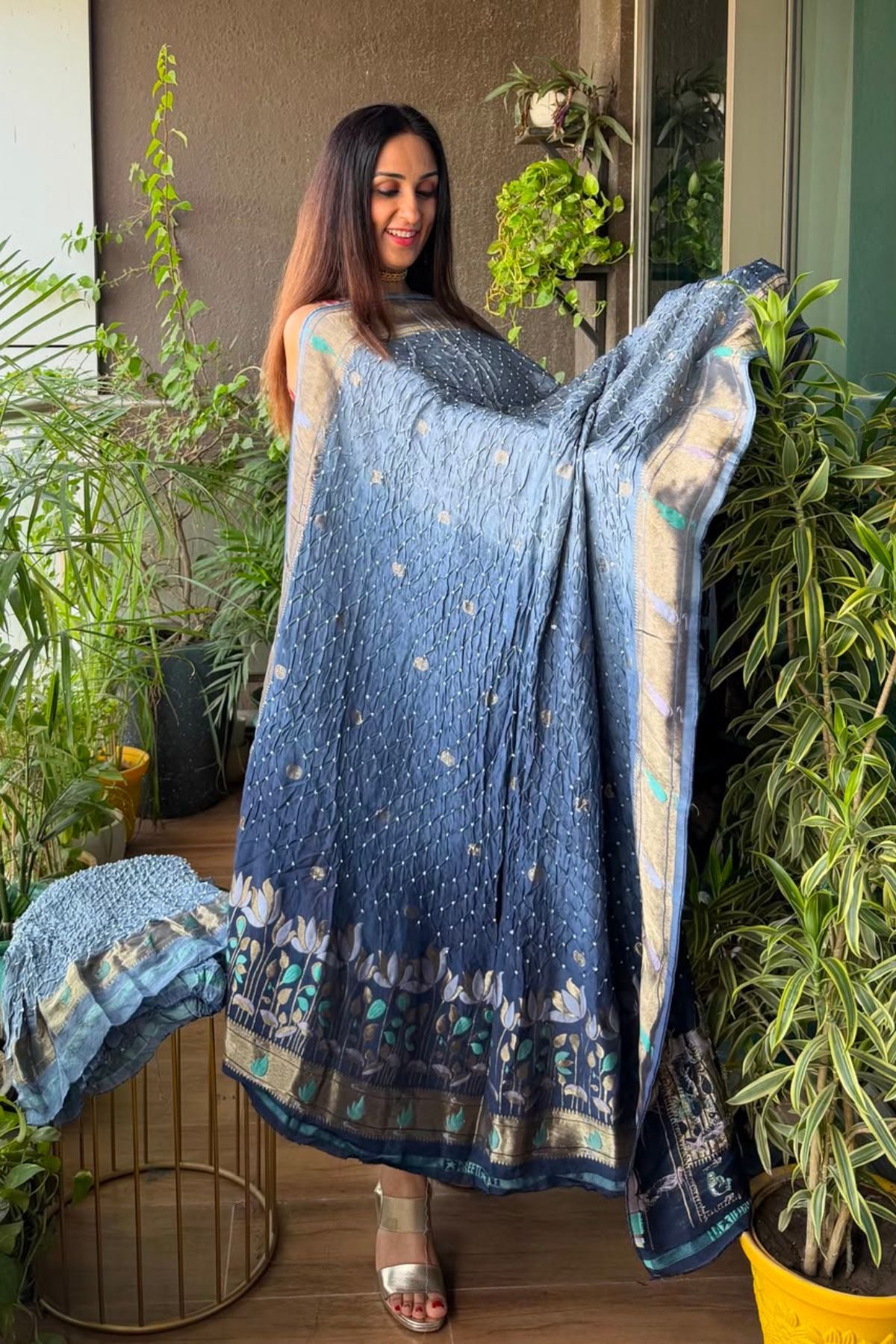 Pure gaji silk full set with hand done bandhani and zari weaving!!