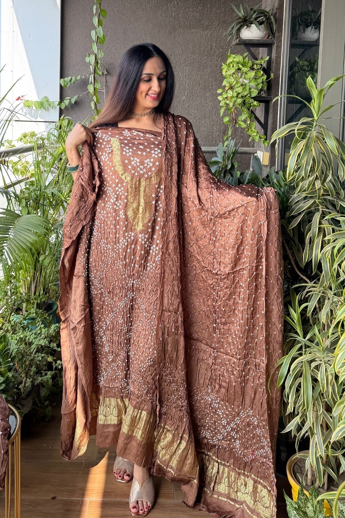 Pure modal silk full set with hand done bandhani and zari weaving!!